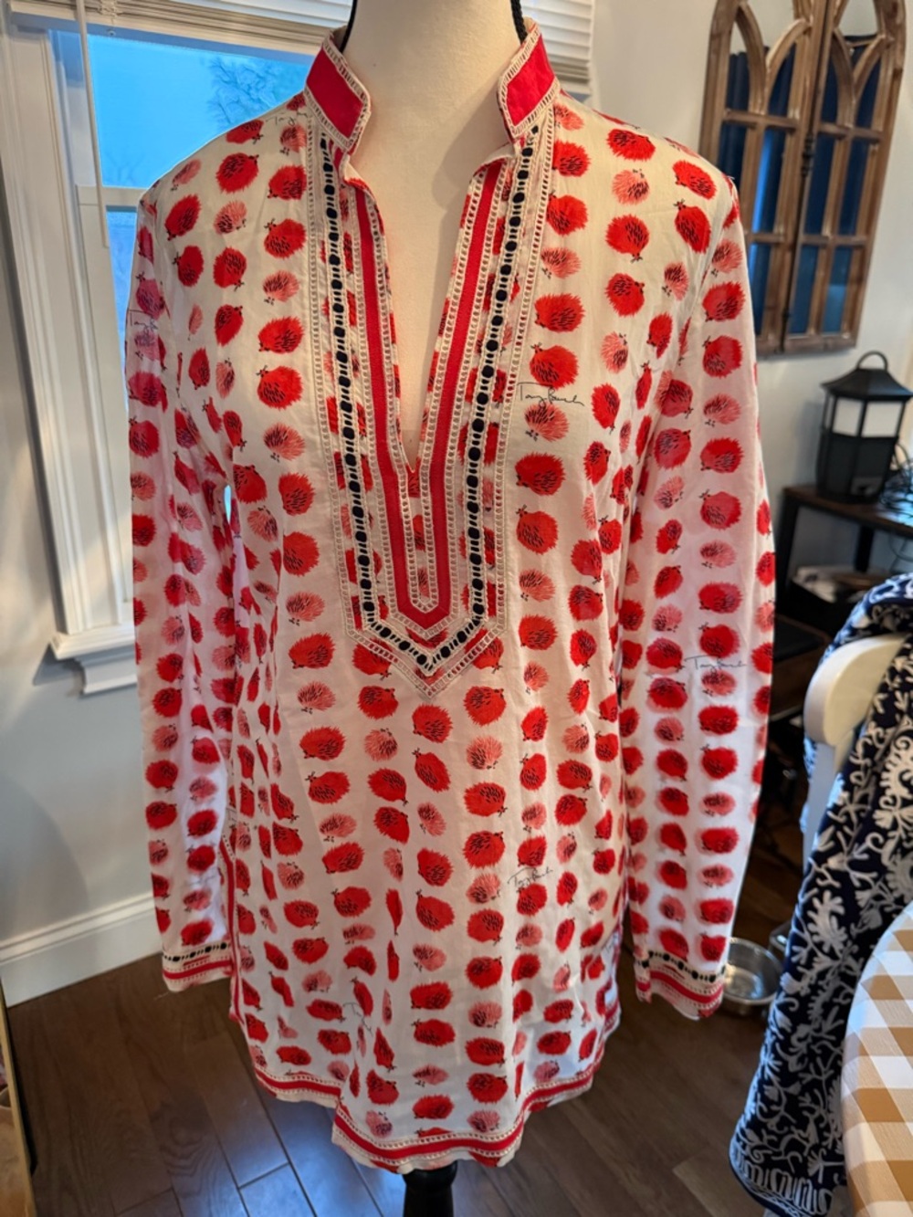 Tory Burch Red Orange Label with Navy Logo